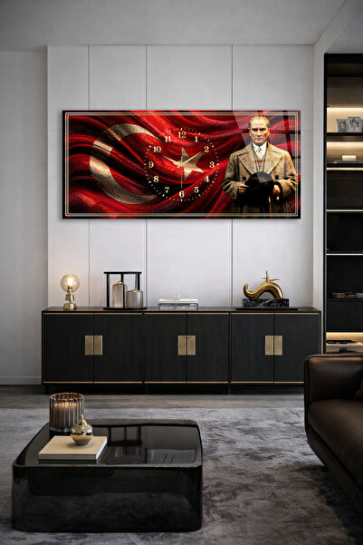 Olinpa KIRILMAZ CAM DUVAR SAATİ , HEM TABLO HEM SAAT ATATÜRK VE TÜRK BAYRAĞI ...