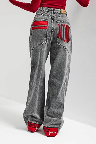 it's basic Kadın Gri Renk 4s6-13 Mega Baggy Fit Paça ve Cep Detaylı Özel Tasarım Denim Jean