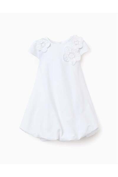 Ziddy فستان قطني أبيض للبنات بتصميم بالون وزهور، مزين بتأثير البالون.