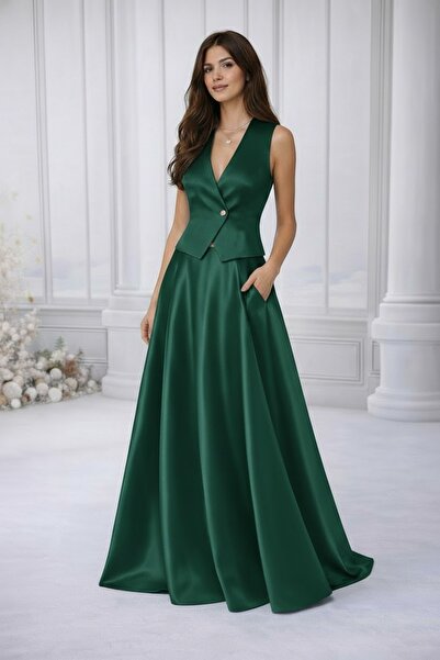 MadyaButik Fusta de damă verde smarald, cu buzunare și detalii, Kiloş