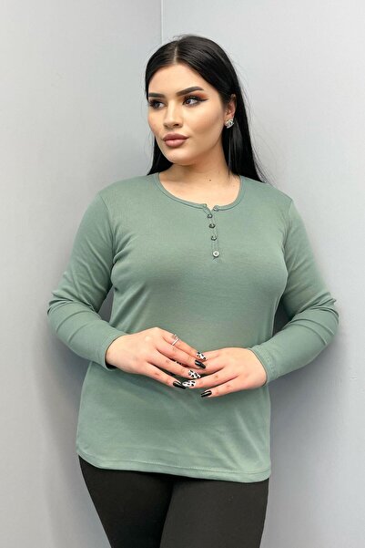 Siyezen Βαμβακερή μπλούζα μεγάλου μεγέθους με λεπτομέρεια κουμπιών, πράσινο μ...