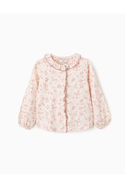 Ziddy Long sleeve floral blouse with ruffles for girls, light beige/pink