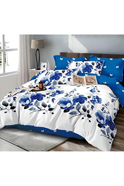 trendyhome Lenjerie Pat Dublu, 4 Piese, Bumbac Satinat, Floricele, Alb/Albastru