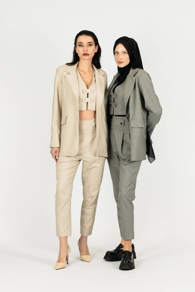 byözlemyazan Suit Woven Thick Belt Detailed Carrot Trousers