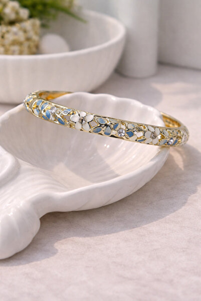 Lanuna Taş Detaylı Mavi Beyaz Mineli Gold Kelepçe Bileklik