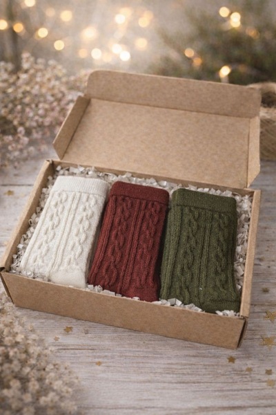 POKUT Özel Seri Örgü Desen Kraft Kutulu Hediyelik Kadın Kışlık Çorap