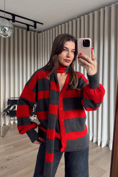 Sue Store Сірий червоний смугастий кардиган з капюшоном Oversize