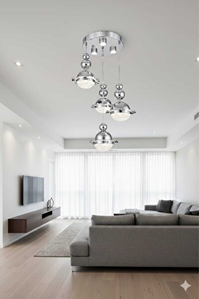 Bohem Aydınlatma Krom 3+1 Şapkalı Sarkıt 3 Renk LED Ayarlanabilir Başlıklı Mo...