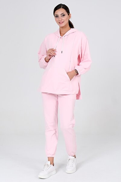 BUSA Maternity Breastfeeding Detailed Hooded Piece Tracksuit Set Light Pink