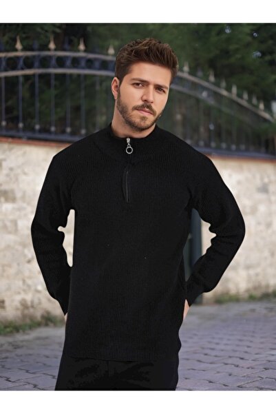 mayastyle Men's Knitwear Sweater with Half Zipper (Black)