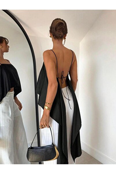 Afri Iyah Thin Straps Back Tie Asymmetrical Tail Satin Blouse