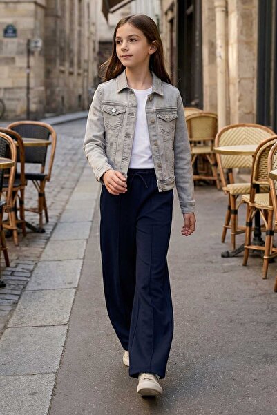 TOMMY LIFE Тъмносини панталони с джобове отпред и широки крачоли за момичета ...