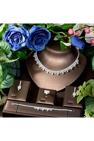 VİYA Brisa Zirkon Taşlı Takı Seti Kolye Küpe Bileklik Yüzük Set Düğün Nişan Seti