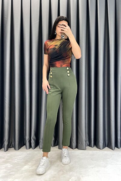 EGZOTİK ASORTİK Pocket Button Detail Skinny Leg Trousers - Khaki Khaki