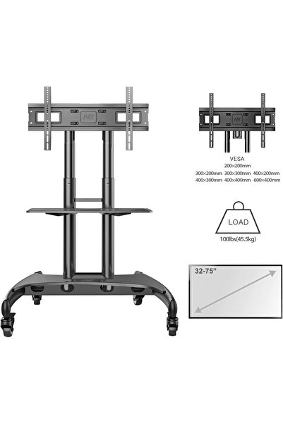 Nb North Bayou 55–90 inç TV uyumlu, yükseklik ayarlı,tekerlekli, DVD & webcam...