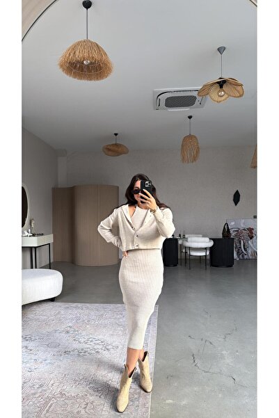 Buket Teke Beige Halter Neck Dress Cardigan Set