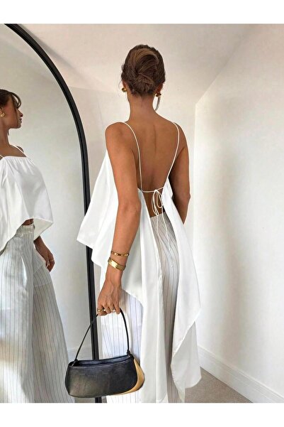 Afri White Thin Straps Back Tie Asymmetrical Tail Satin Blouse