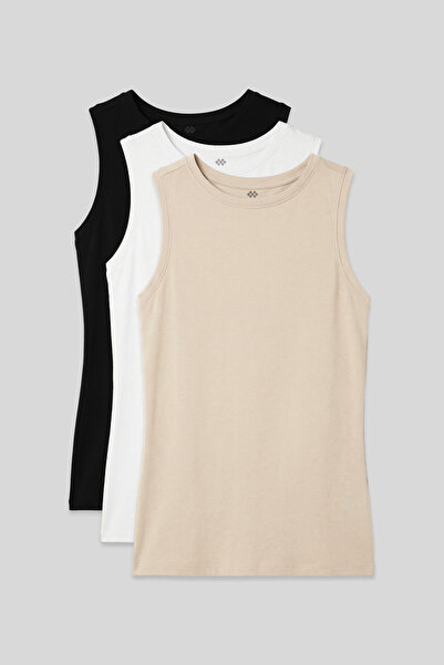 TOMMY LIFE Slim Fit Basic O-Neck 3-Pack Black-White-Beige Women's Undershirts...