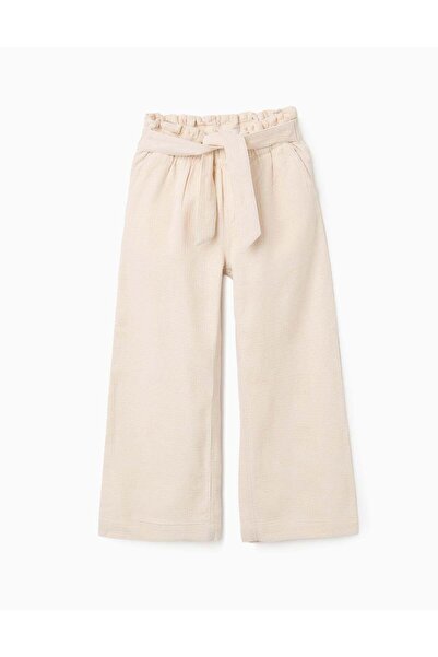 Ziddy بنطلون أرجل واسعة من القطن المنسوج مع حزام للبنات، لون بيج فاتح