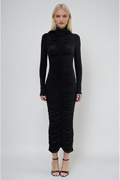 Lijuri Stretch Fabric Dress with Rose Detail on the Collar and Gathered Detai...