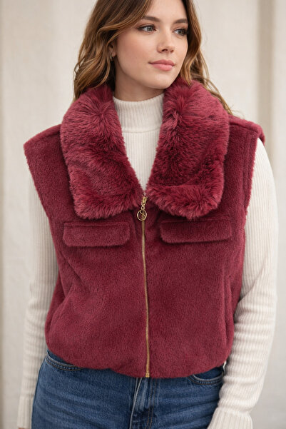 ERVA Kadın Peluş Yakalı Fermuarlı Yelek