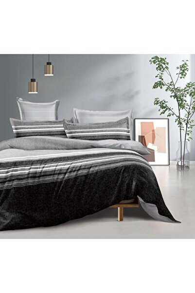 trendyhome Double Bed Linen, 4 Pieces, Satin Cotton, Stripes, Grey/Black