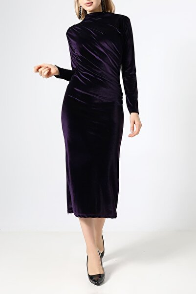 Sabr Velvet Half Fisherman Ruched Detail Midi Dress – Stylish & Elegant Velve...