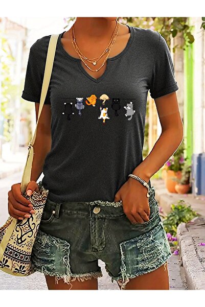 mercoledi تي شيرت نسائي مريح ذو قصة عادية وأكمام نصفية على شكل حرف V من Women...