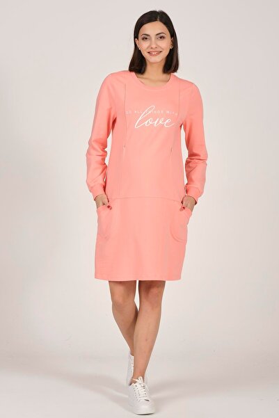 BUSA Pregnant Breastfeeding Detailed Hoodie Midi Length Sports Dress Pudra