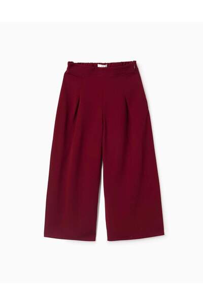 Ziddy بنطلون أرجل واسعة بكسرات أمامية للبنات، أحمر داكن
