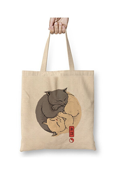 Toyaso Ying Yang Cat Cats White Tote Bag Long Handle Shopping Bag Beach Bag