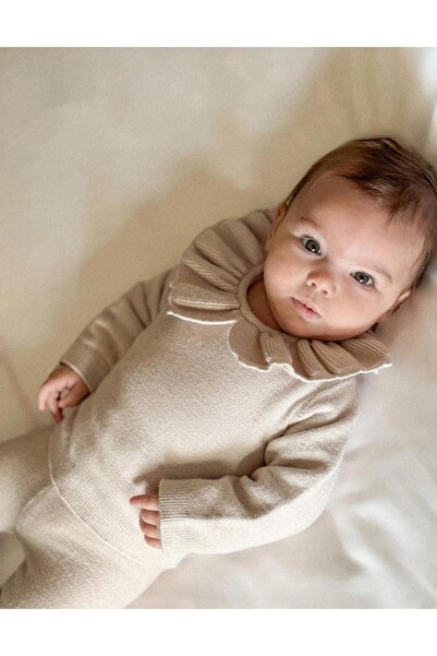 Ziddy كنزة محبوكة بياقة مكشكشة + بنطال للفتيات حديثات الولادة، بيج