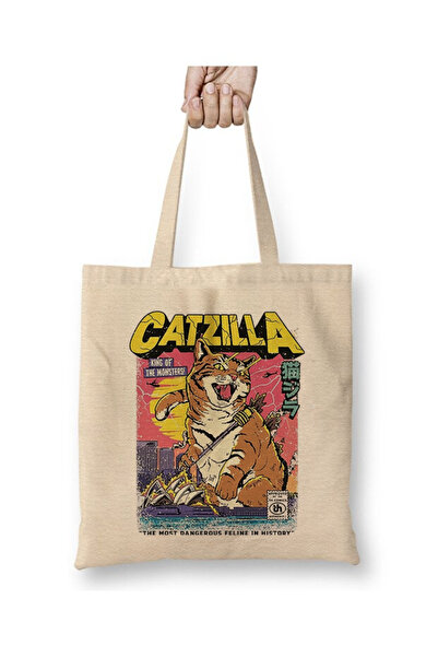 Toyaso Retro Catzilla Cat Cats White Tote Bag Long Handle Shopping Bag Beach Bag
