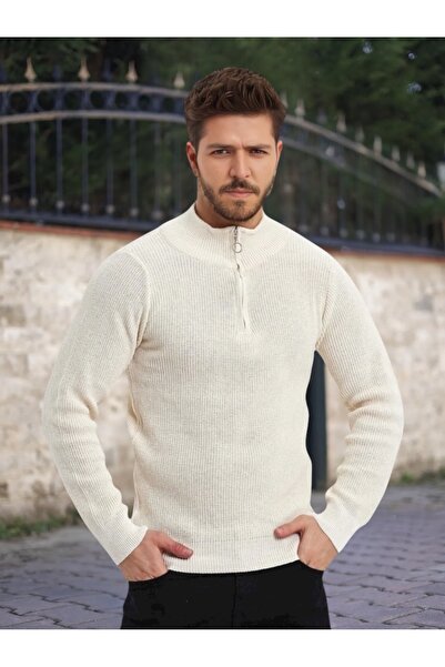 mayastyle Men's Knitwear Sweater with Half Zipper (Ekru)
