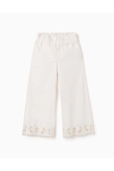 Ziddy بنطلون قطني أرجل واسعة مزين بزهور مطرزة للبنات، أبيض