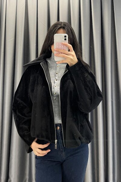 EGZOTİK ASORTİK جاكيت بومبر بتفاصيل من ريش الجمل - أسود