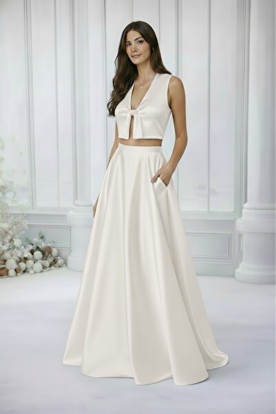 MadyaButik Women's Ecru Pocketed Padded Kiloş Skirt