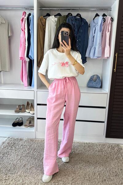 Gökkuşağı Bel Ayarlamalı Modal Palazzo Pantolon - Pembe PEMBE