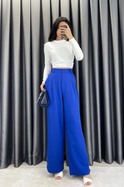 Gökkuşağı Çift Pileli Palazzo Kumaş Bol Paça Pantolon - Saks SAKS