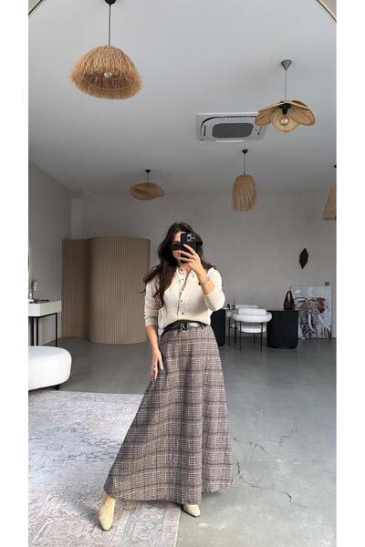 Buket Teke Fusta maxi cu textură cașmir, în carouri, cu centură, stil nurcă