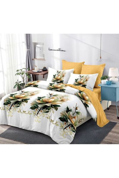 trendyhome Lenjerie de pat, Bumbac Finet, 6 Piese, Flori, Alb/Galben