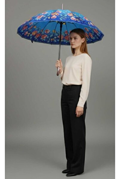 YUSUF BRANDS Çiçek Desenli Otomatik Şemsiye – Mavi Zemin, Dayanıklı Mekanizma