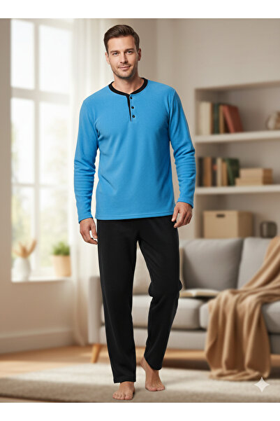 Sude Pijamale bărbați polar albastru și negru cu decolteu cu nasturi