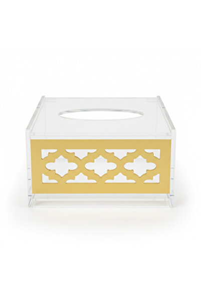ALKHANBASHI Clear Acrylic Square Tissue Box with Gold Moroccan Design – 13.5×...