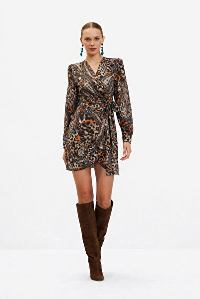 codemark Women's Patterned Long Sleeve Double-Breasted Tie Mini Dress