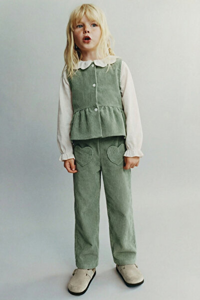 Magu Girl's Cotton Green Corded Fabric Vest Set Pants Set - 3-Piece Set Inclu...