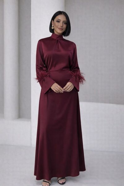 ALFUDO Moda Collection Mock Neck , Long Sleeve, Feather Detailed Evening Dress