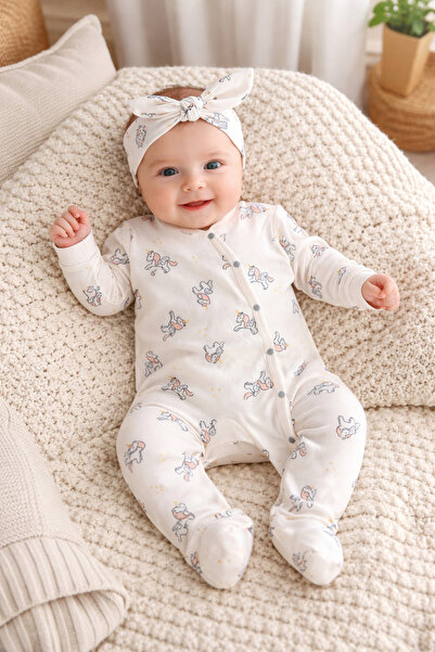 Atlas Baby House Organik Unicorn Baskılı Bandanalı Kız Yenidoğan Bebek Tulum