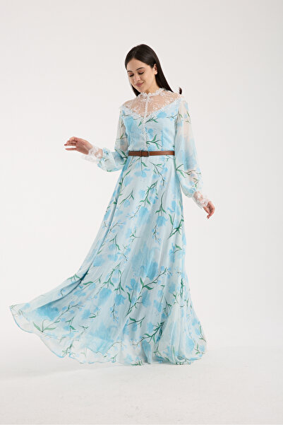 Stylish Stylish and elegant floral dress in sky blue, adorned with lace and f...