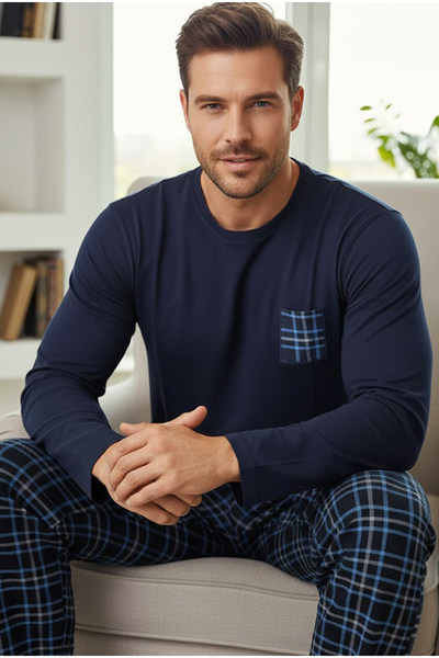 Siyah İnci Navy Blue Plaid Patterned Top Navy Blue Pocket Embroidery Knitted ...